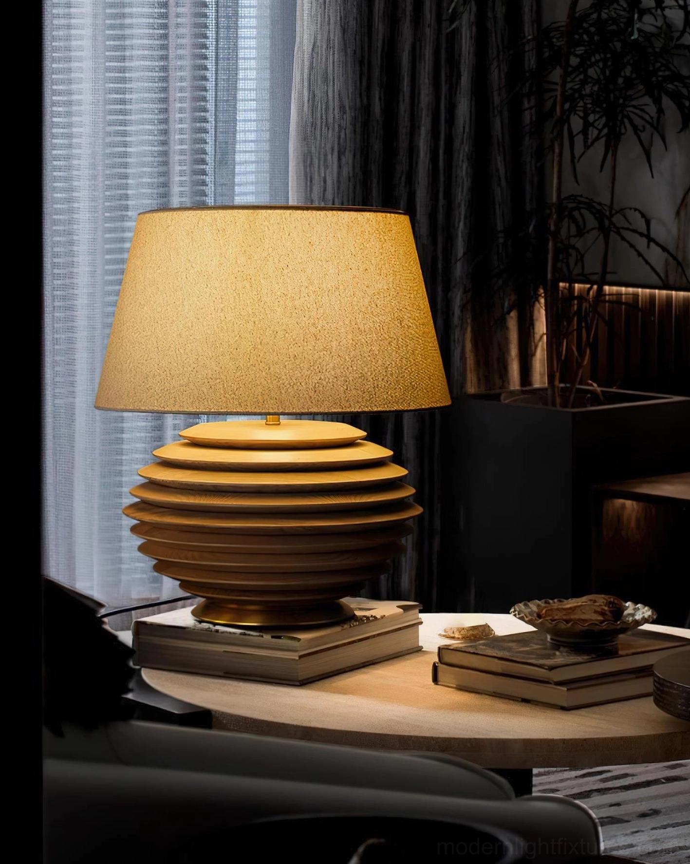 Serenity Strata table lamp complete product view showing proportions between tiered base and tapered shade, overall design composition