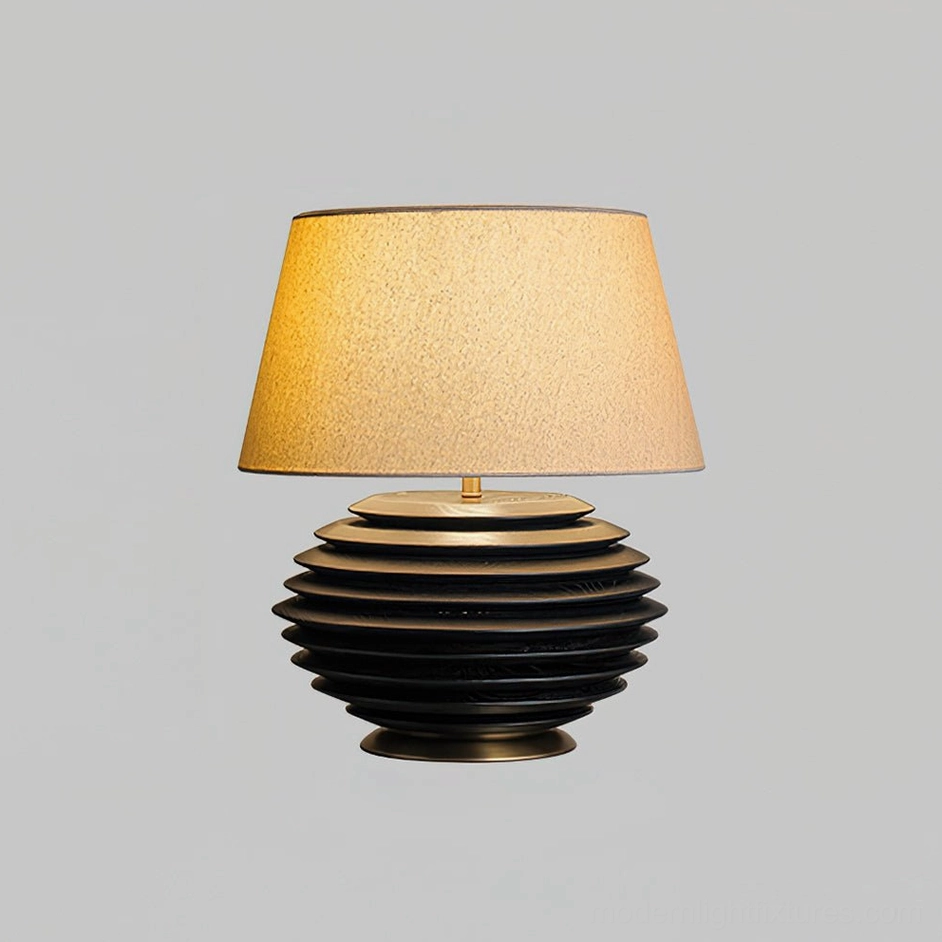 Serenity Strata table lamp elegant black finish variant showing full product profile with ribbed base texture and tapered beige shade