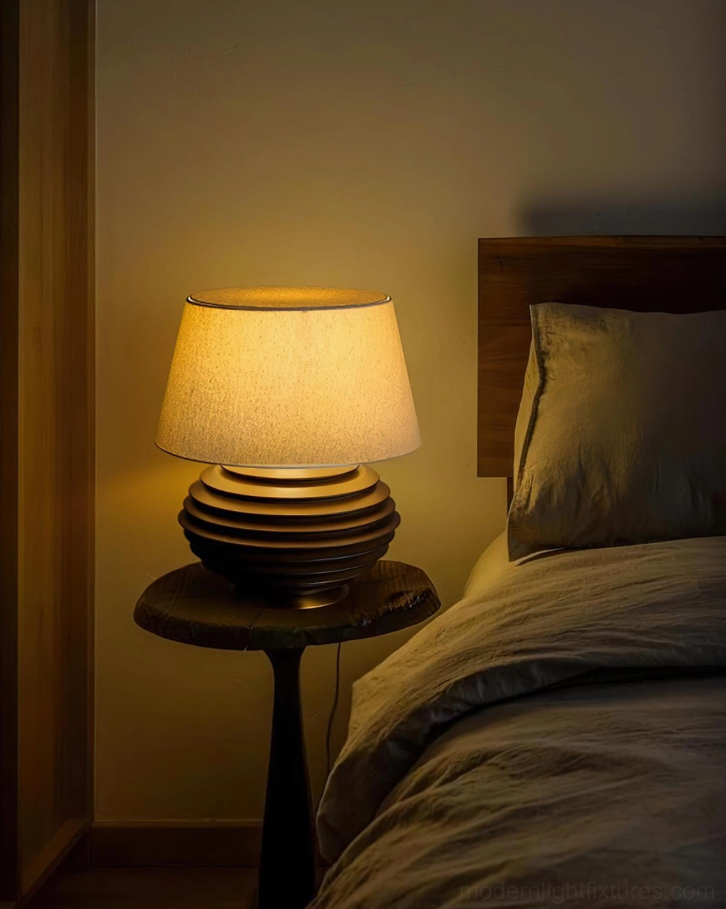 Serenity Strata table lamp elegant black finish on modern minimalist side table with contemporary home accessories and warm lighting
