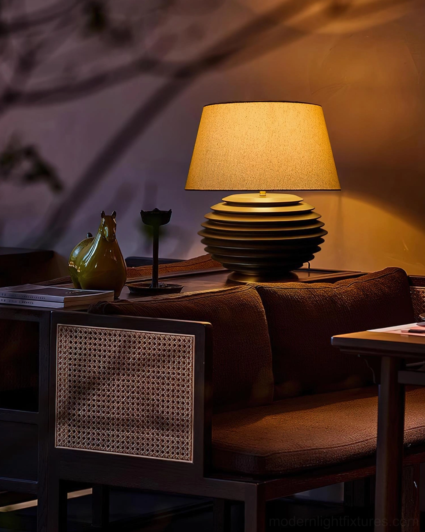 Serenity Strata table lamp three-quarter front view showing organic tiered design and proportion relationship between base and shade