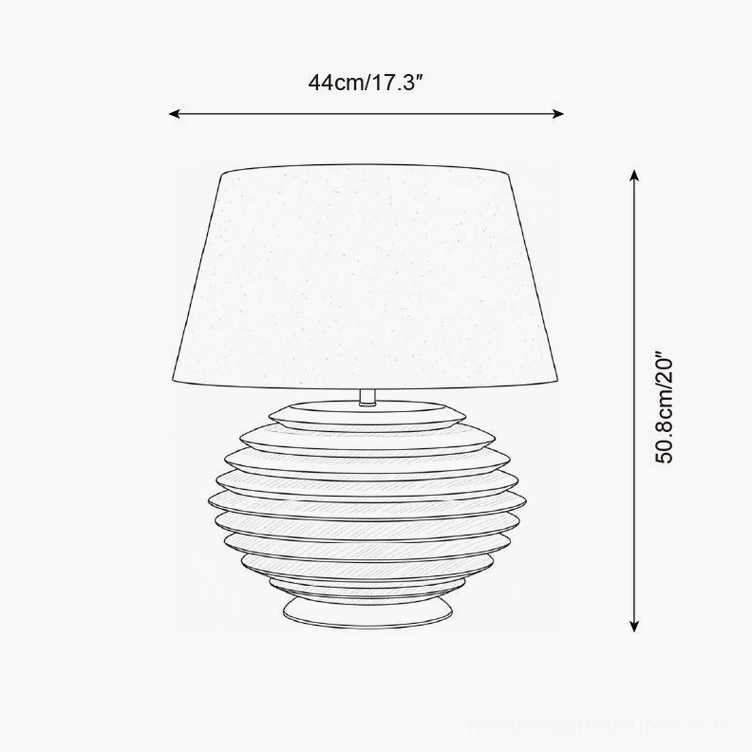 Serenity Strata table lamp technical specification drawing orthographic front view showing product dimensions and tapered shade design