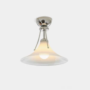 Sereno chrome dome ceiling light fixture with flared white glass shade and polished chrome hardware, front overhead studio view
