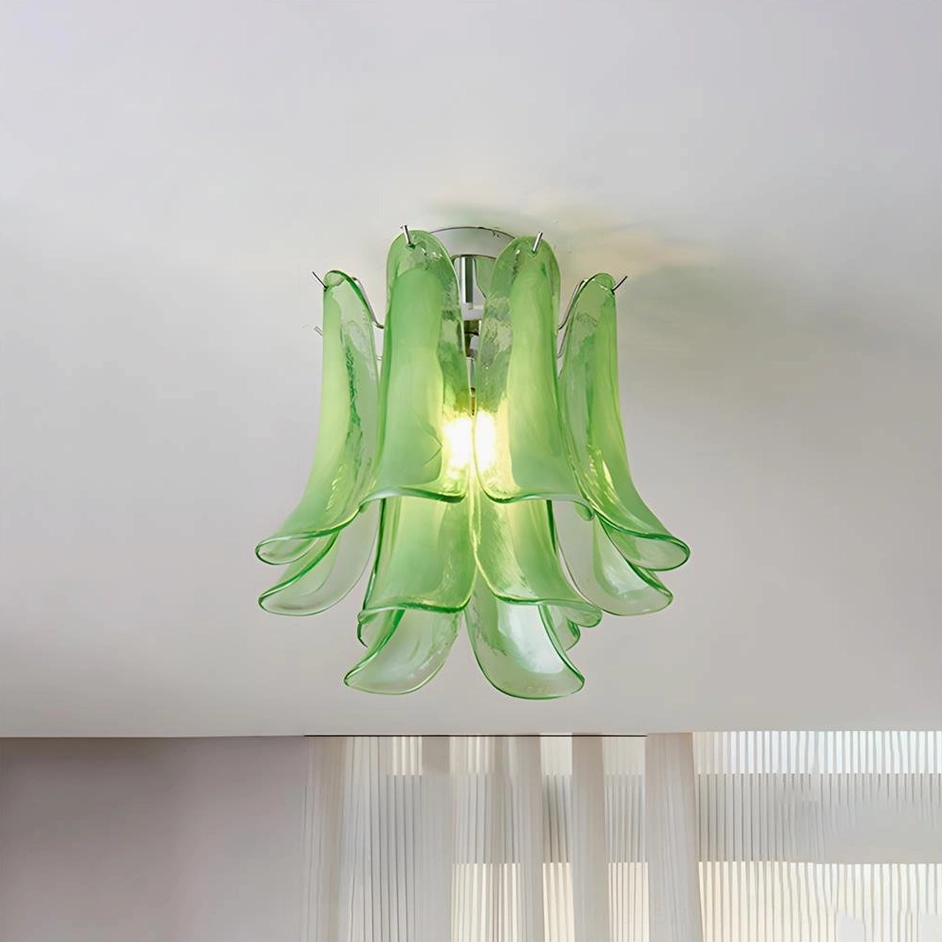 Chrome metal canopy with green glass petals layered ceiling fixture