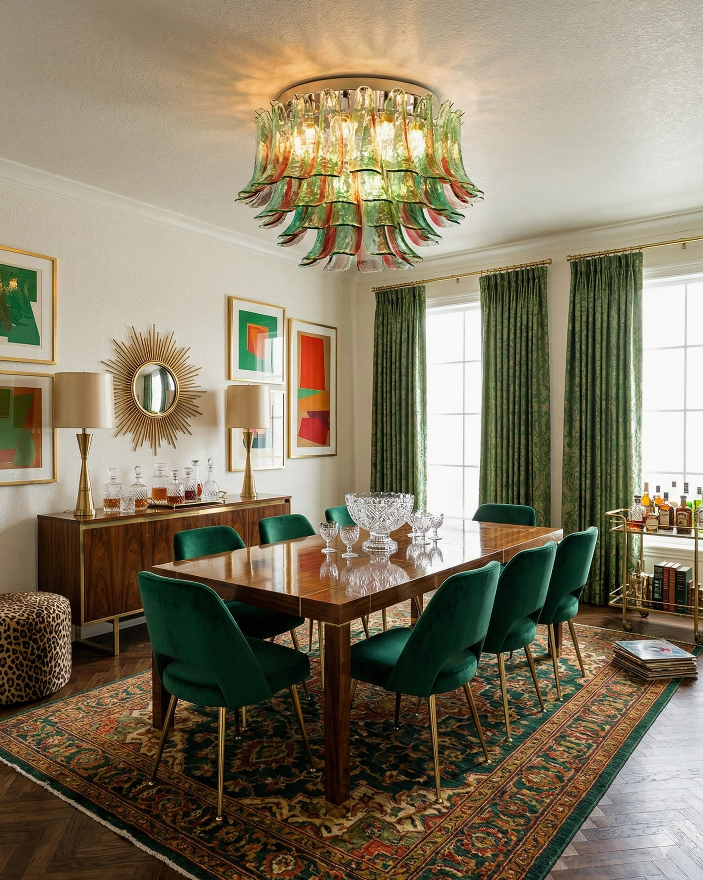 Green and red gradient layered ceiling lamp mounted in American retro dining room