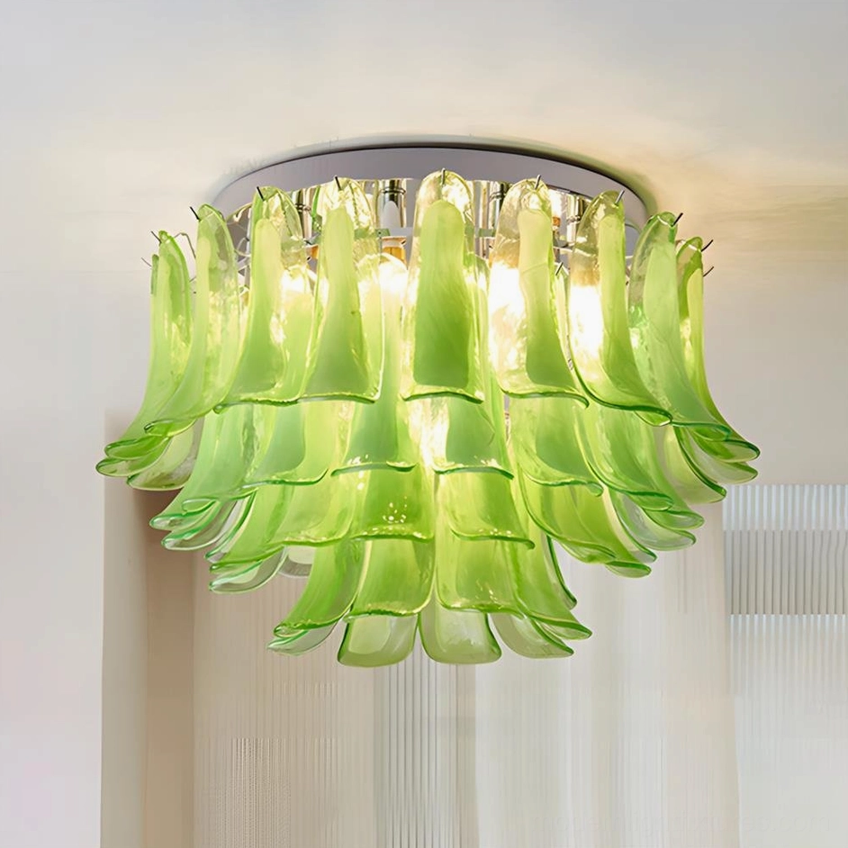 Green colored layered glass ceiling lamp sculptural petal design
