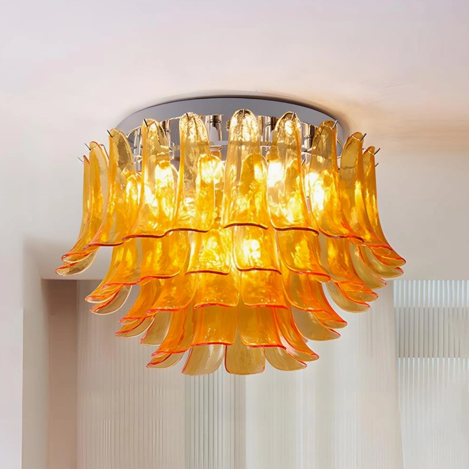 Orange colored tiered glass ceiling lamp large size sculptural design
