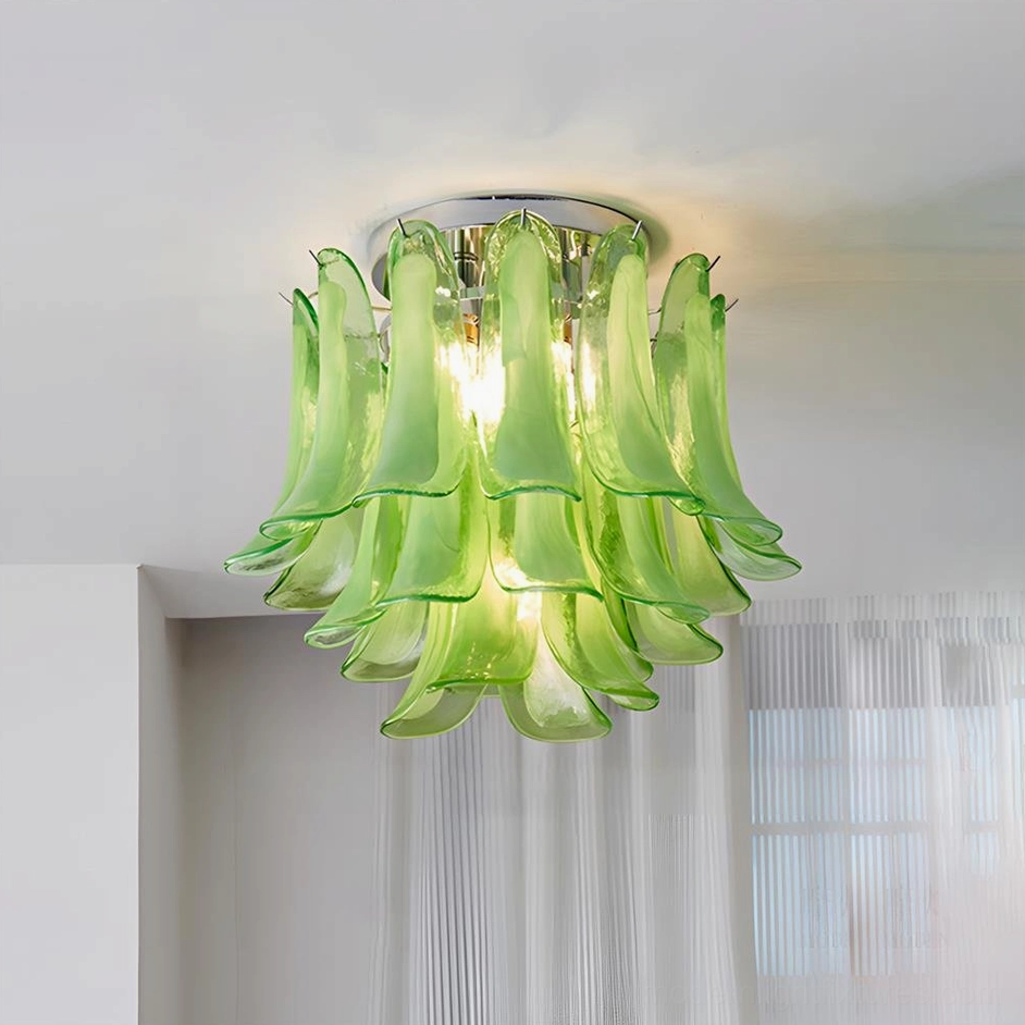 Green tinted tiered glass ceiling lamp medium size flush mount