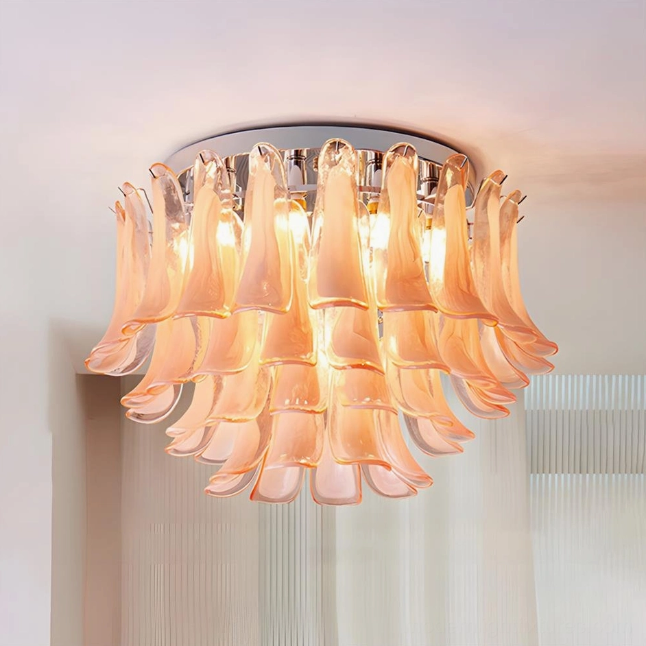 Pink gradient layered glass ceiling light tiered petal design detail shot