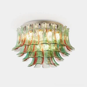 Serenza layered glass ceiling light with gradient red and green tinted glass petals on white background