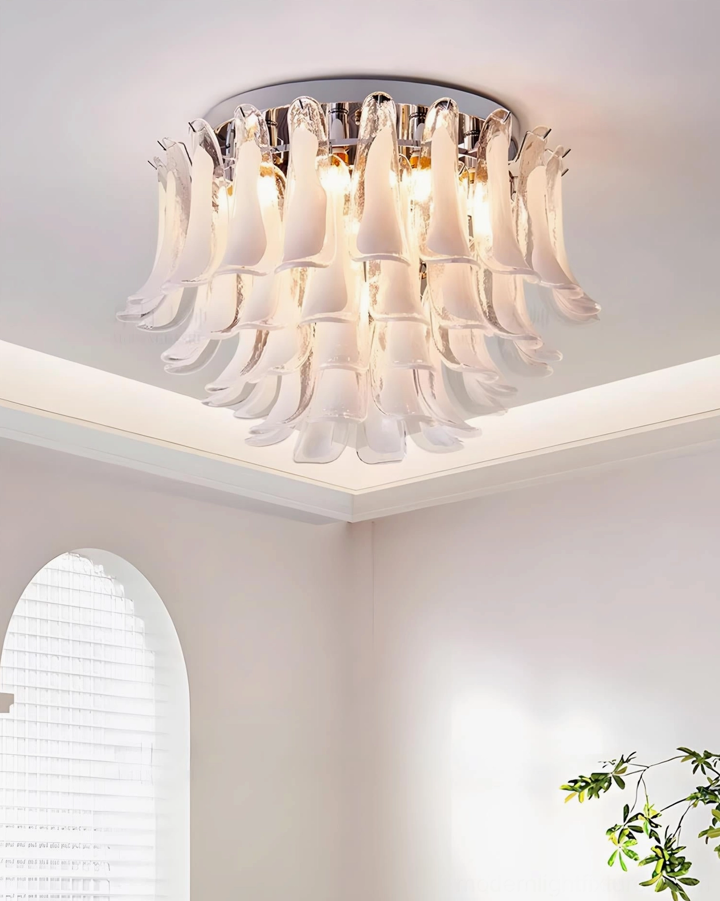 Pure white frosted glass layered ceiling light in minimalist Nordic living space