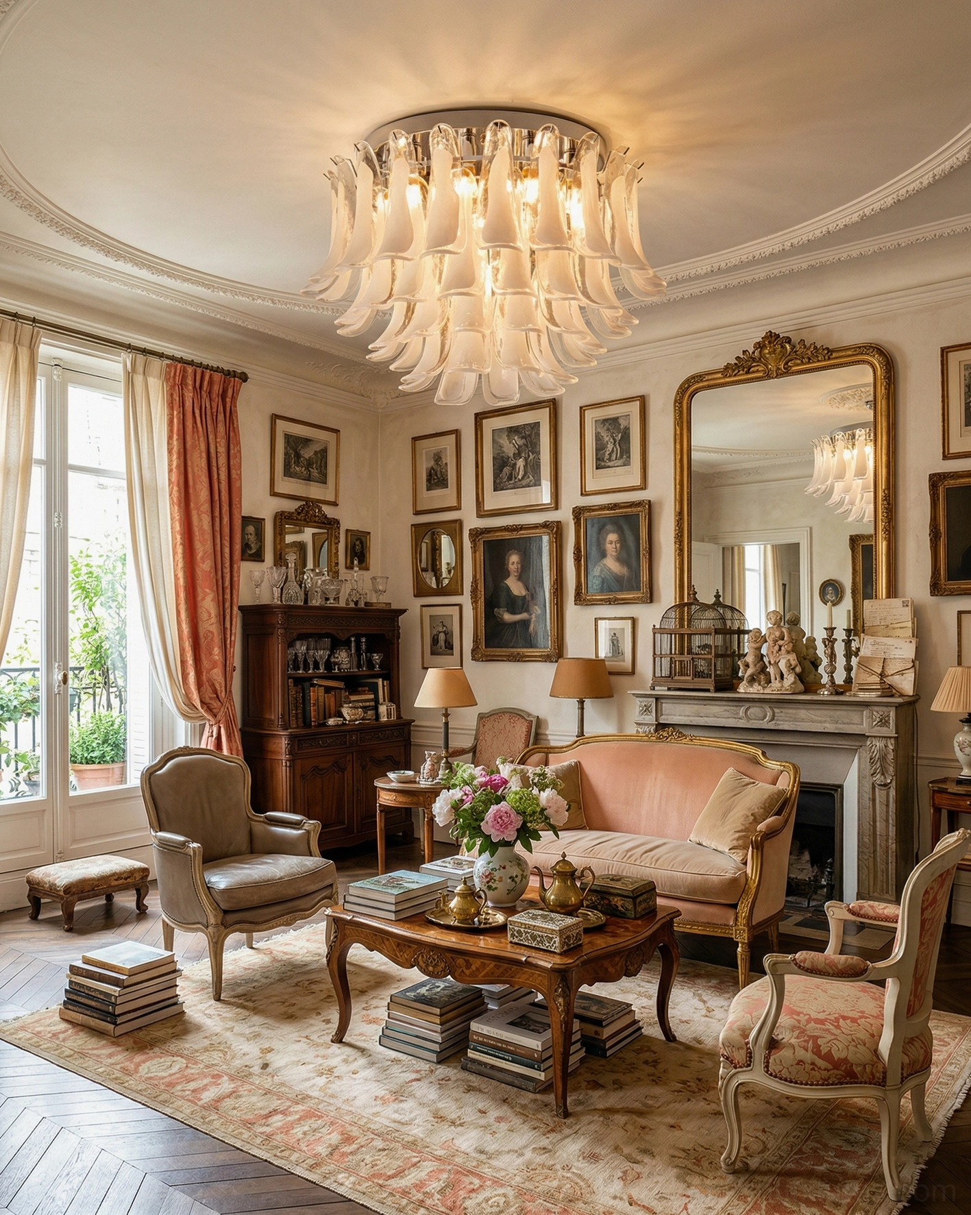 White tiered glass flush mount ceiling fixture in classic French interior design