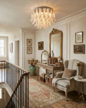 White frosted glass layered ceiling fixture installed in French vintage living room overhead view