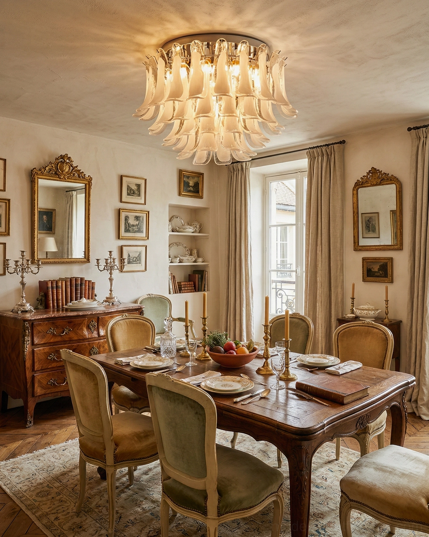 Warm white petal glass ceiling light in French vintage dining room ambiance