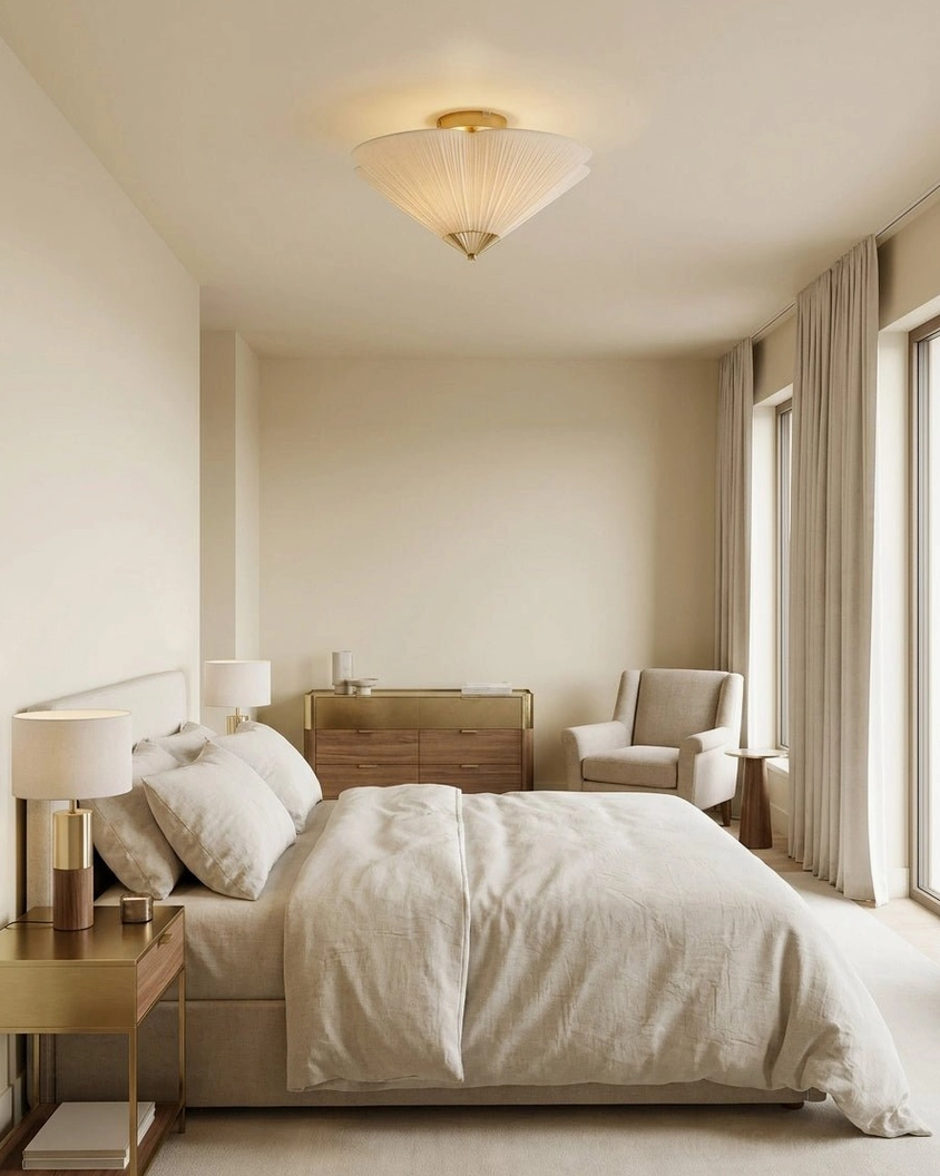 Seretta flush mount ceiling light in cozy warm-toned master bedroom with wooden furniture