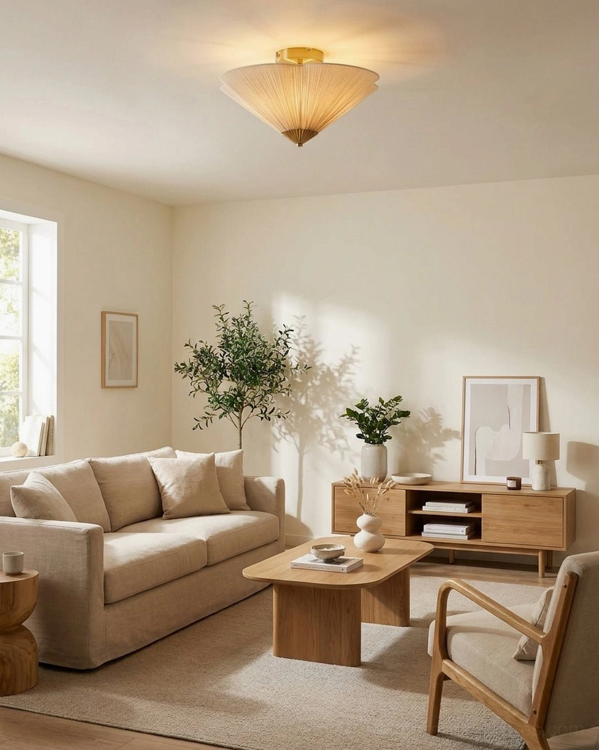 Seretta pleated ceiling light installed in modern Scandinavian living room with neutral decor