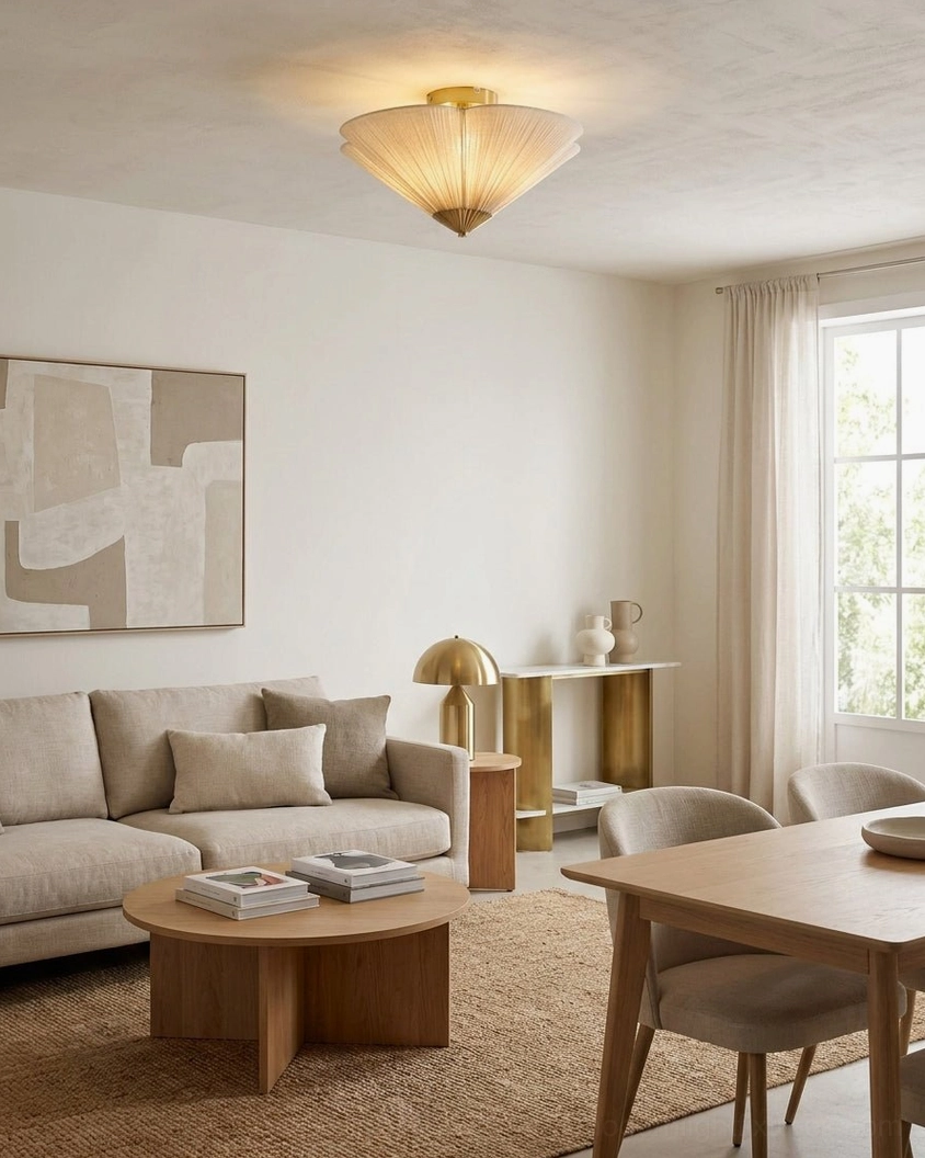 Seretta pleated linen ceiling light mounted in modern living and dining hybrid space