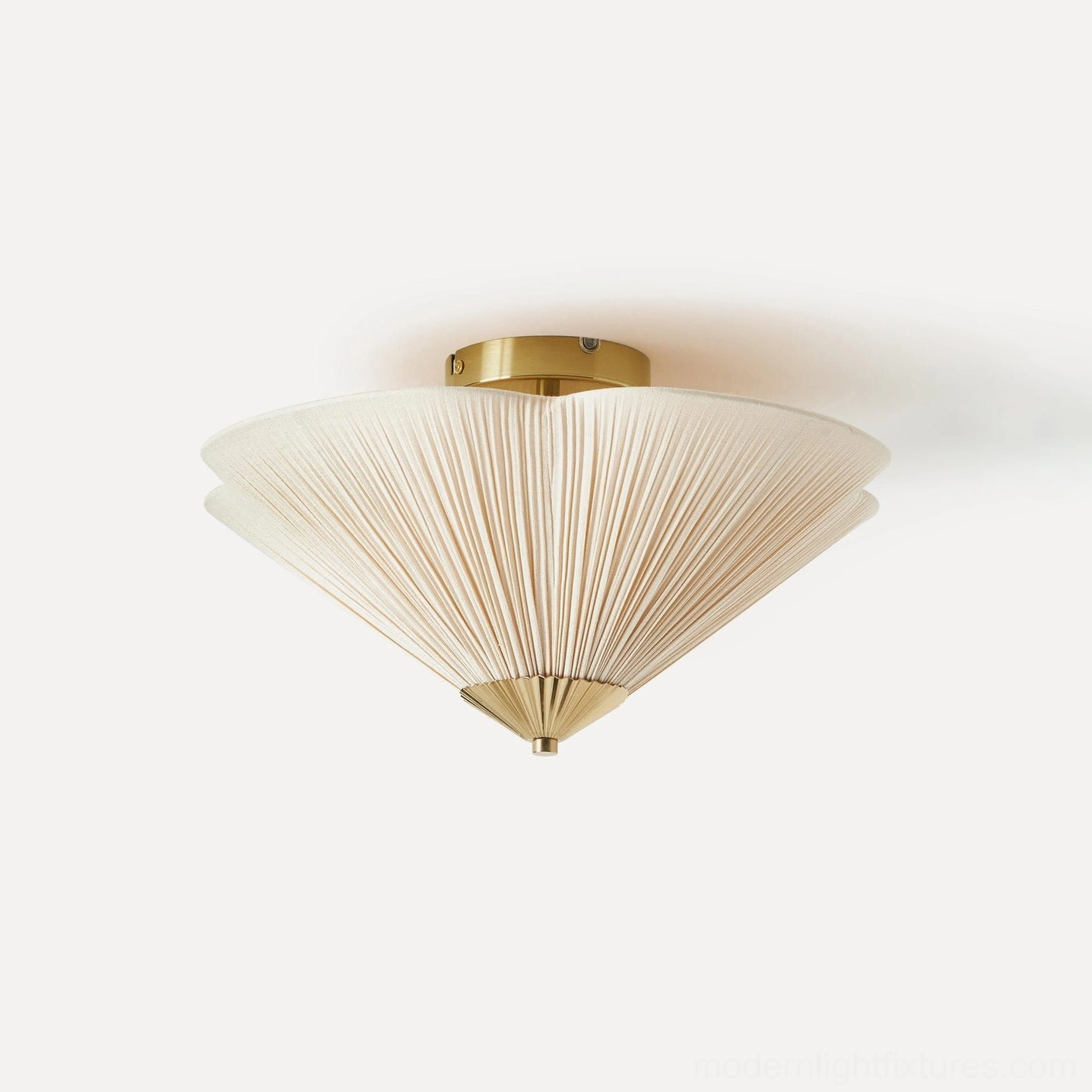 Seretta ceiling light 42cm diameter close-up showing hand-pleated ivory linen shade and brass canopy detail