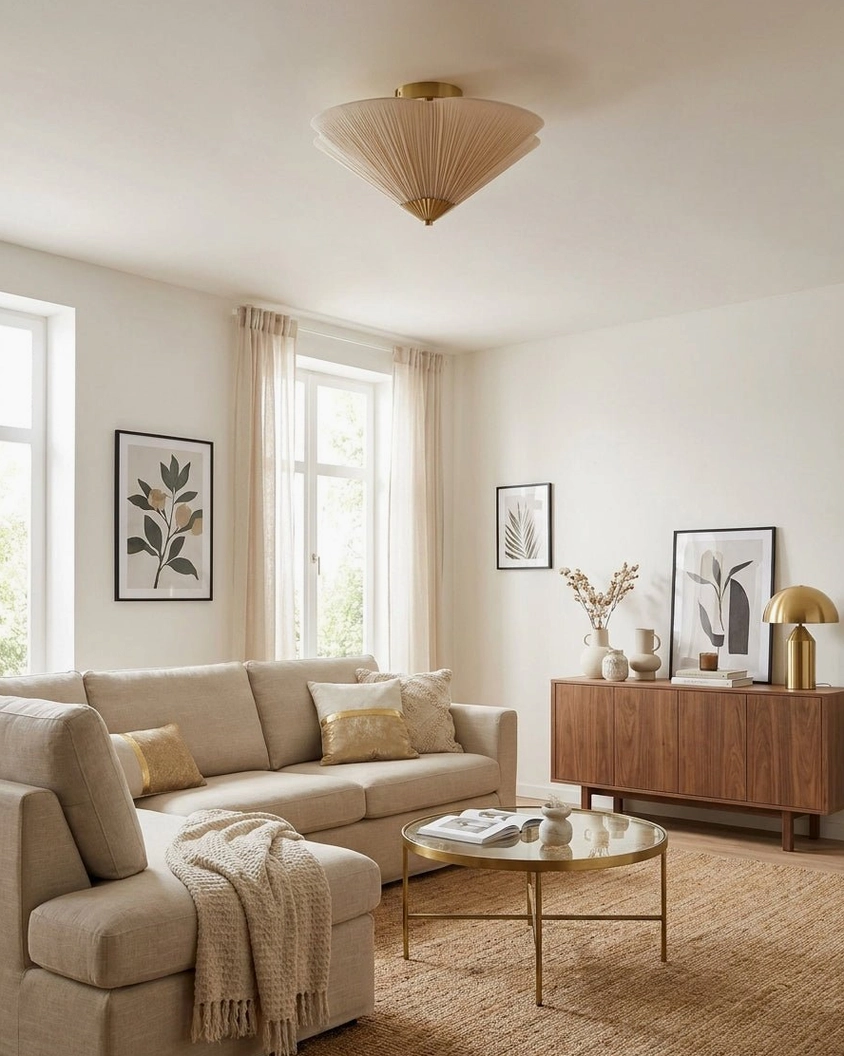 Seretta pleated ceiling fixture installed in neutral modern living room with Scandinavian styling