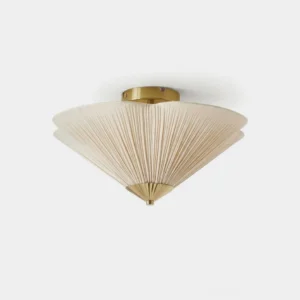 Seretta pleated linen flush mount ceiling light with warm gold brass hardware and ivory shade, front view