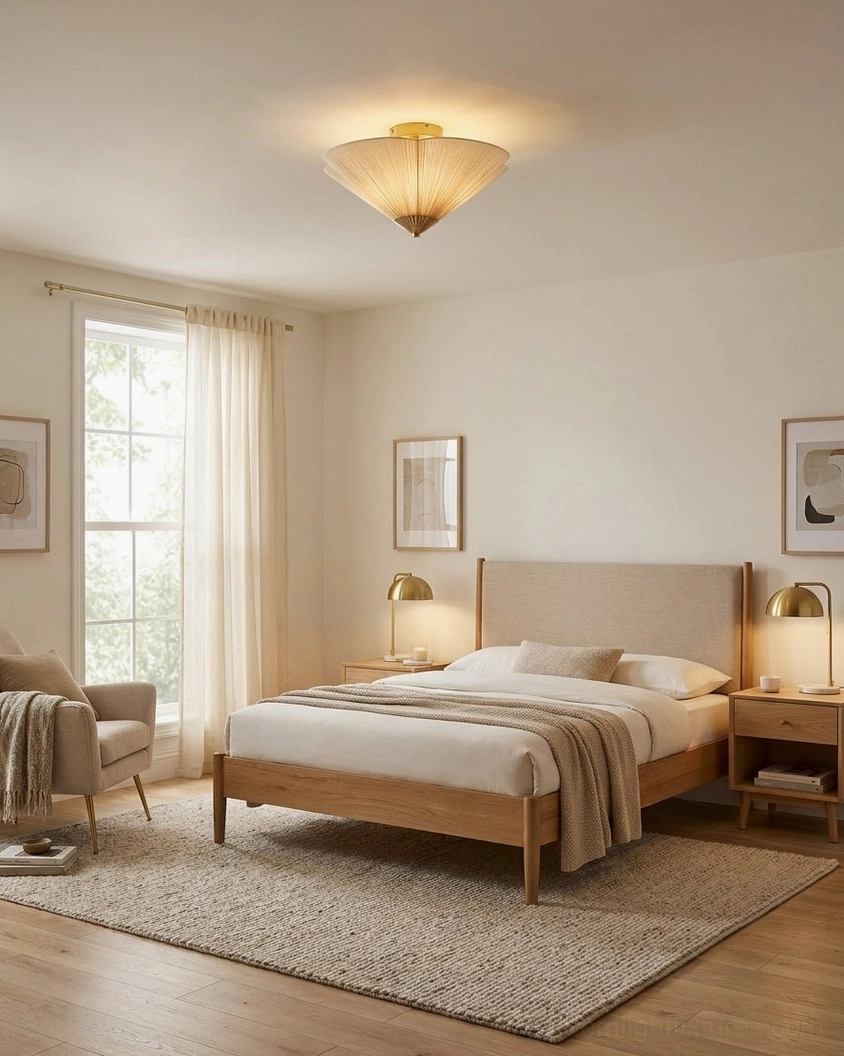Seretta ceiling light in warm-toned master bedroom above bed with calm cozy decor style