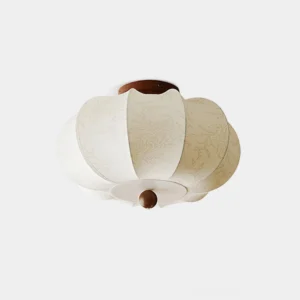 Serica Asian-inspired fabric ceiling light fixture with scalloped shade and dark wood accents, front overhead view on white background