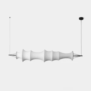 Serika linear chandelier with pleated white silk shade front view, minimalist modern pendant light fixture