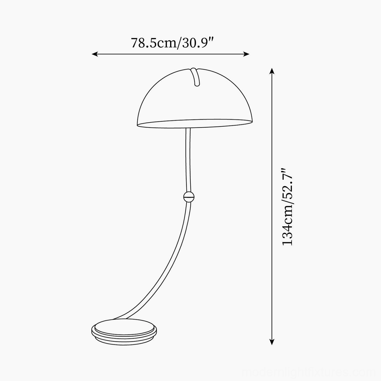 Serpente floor lamp technical dimension diagram showing 78.5cm width and 134cm height specifications