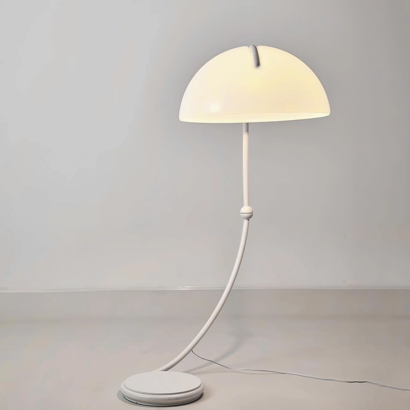 White Serpente dome floor lamp full front view showcasing clean lines and sculptural form