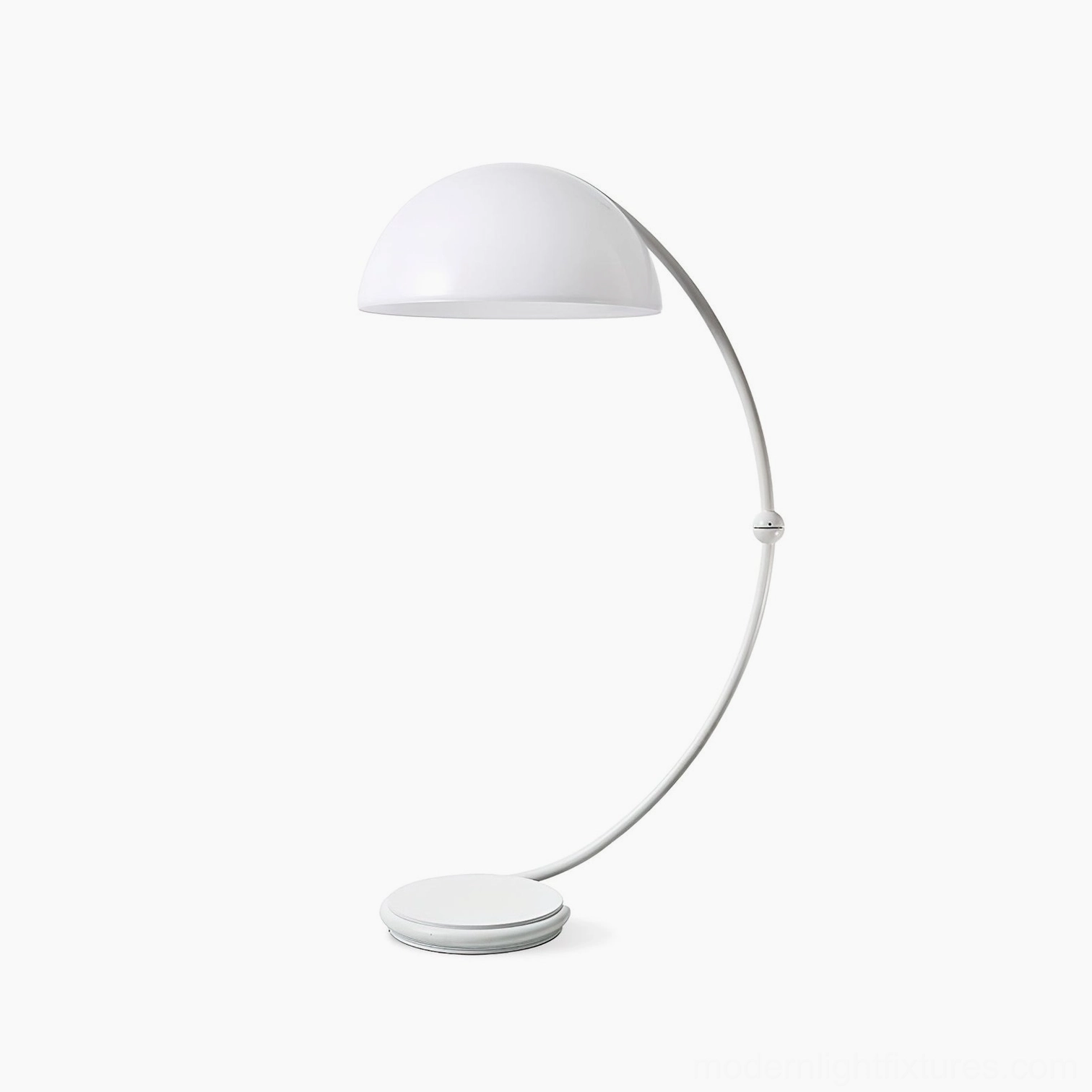 White Serpente articulated floor lamp close-up showing rotating dome shade mechanism and metal construction