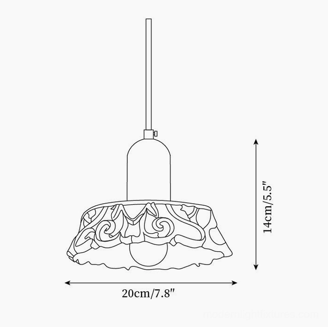 Technical schematic diagram of Shana carved pendant lamp showing 20cm diameter and 14cm height dimensions