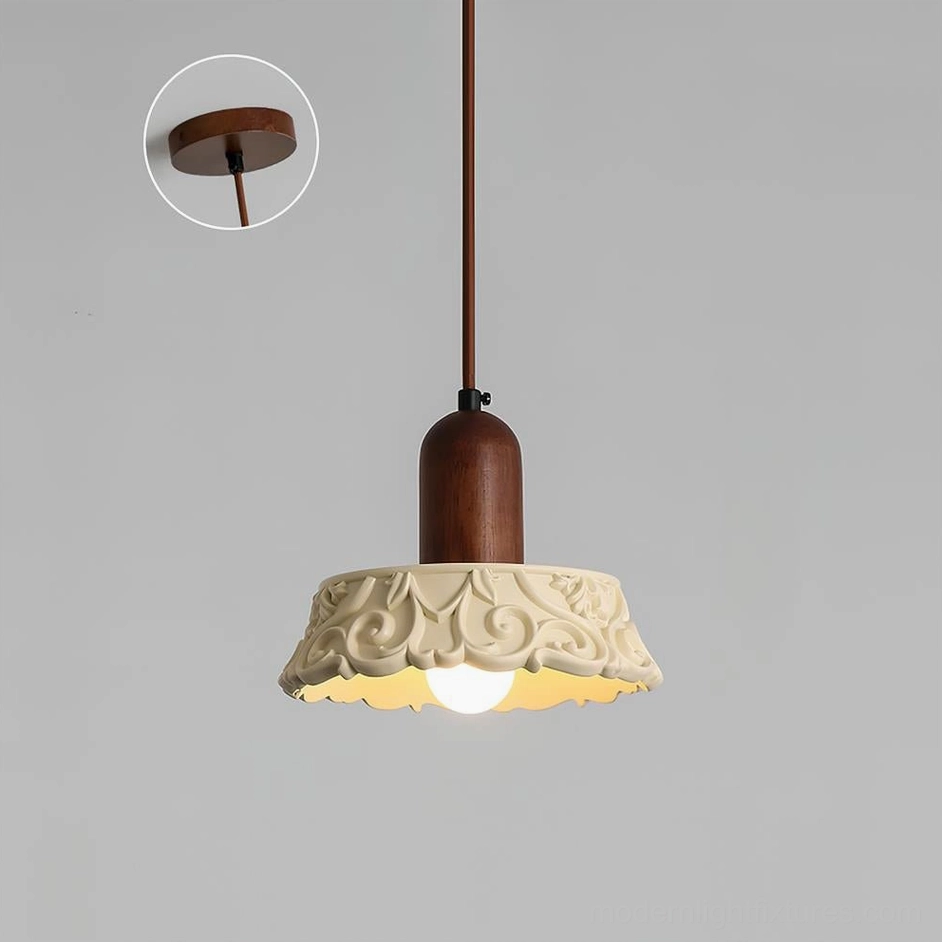 Close-up of Shana pendant lamp solid wood ceiling mount plate and fixture assembly on white background