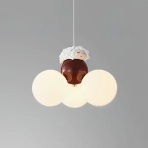 Fluffy sheep animal pendant light with dark brown metal mount and frosted spherical shades