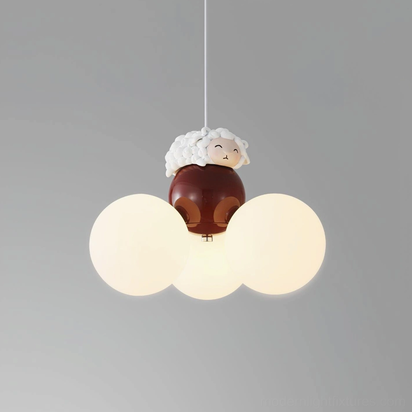 Fluffy sheep animal pendant light with dark brown metal mount and frosted spherical shades