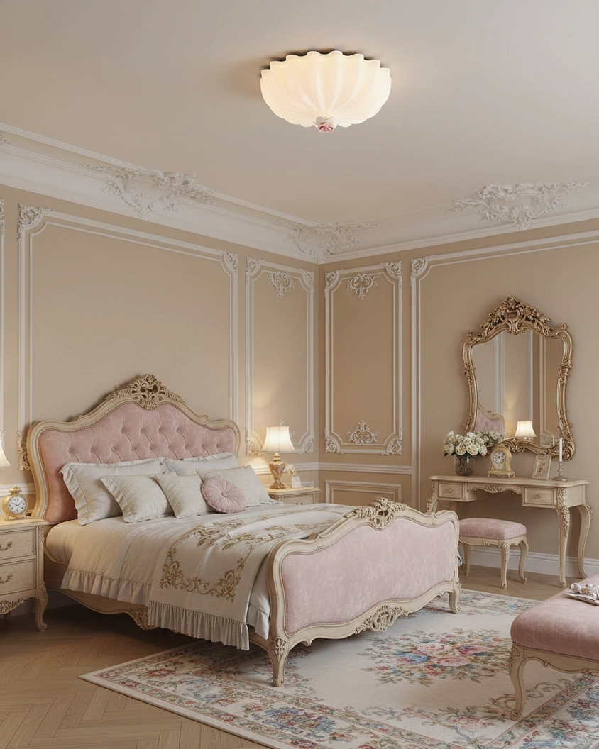 Belle Coquille modern ceiling light fixture installed in French luxury bedroom, creating soft ambient lighting over decorative bedroom space