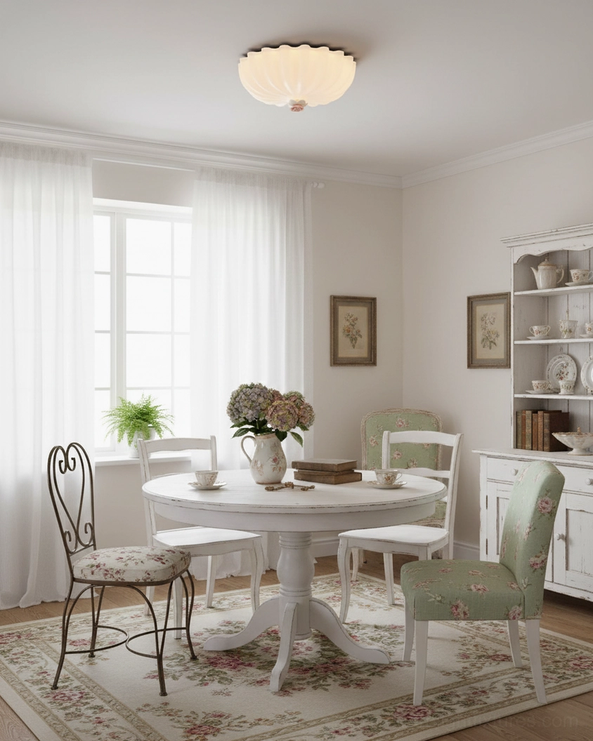Belle Coquille ceiling lamp in casual French dining room with warm glowing light illuminating vintage floral dining decor
