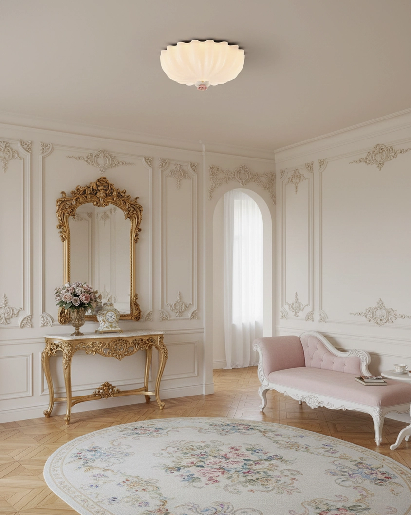 White shell ceiling light mounted in French classic sitting room providing elegant warm neutral ambient lighting above interior space