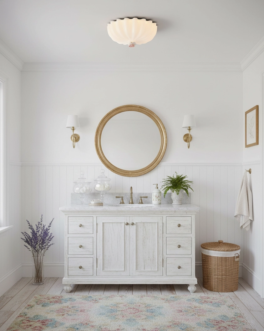 Damp-rated Belle Coquille shell ceiling light installed in French country bathroom, brightening vintage bathroom decor