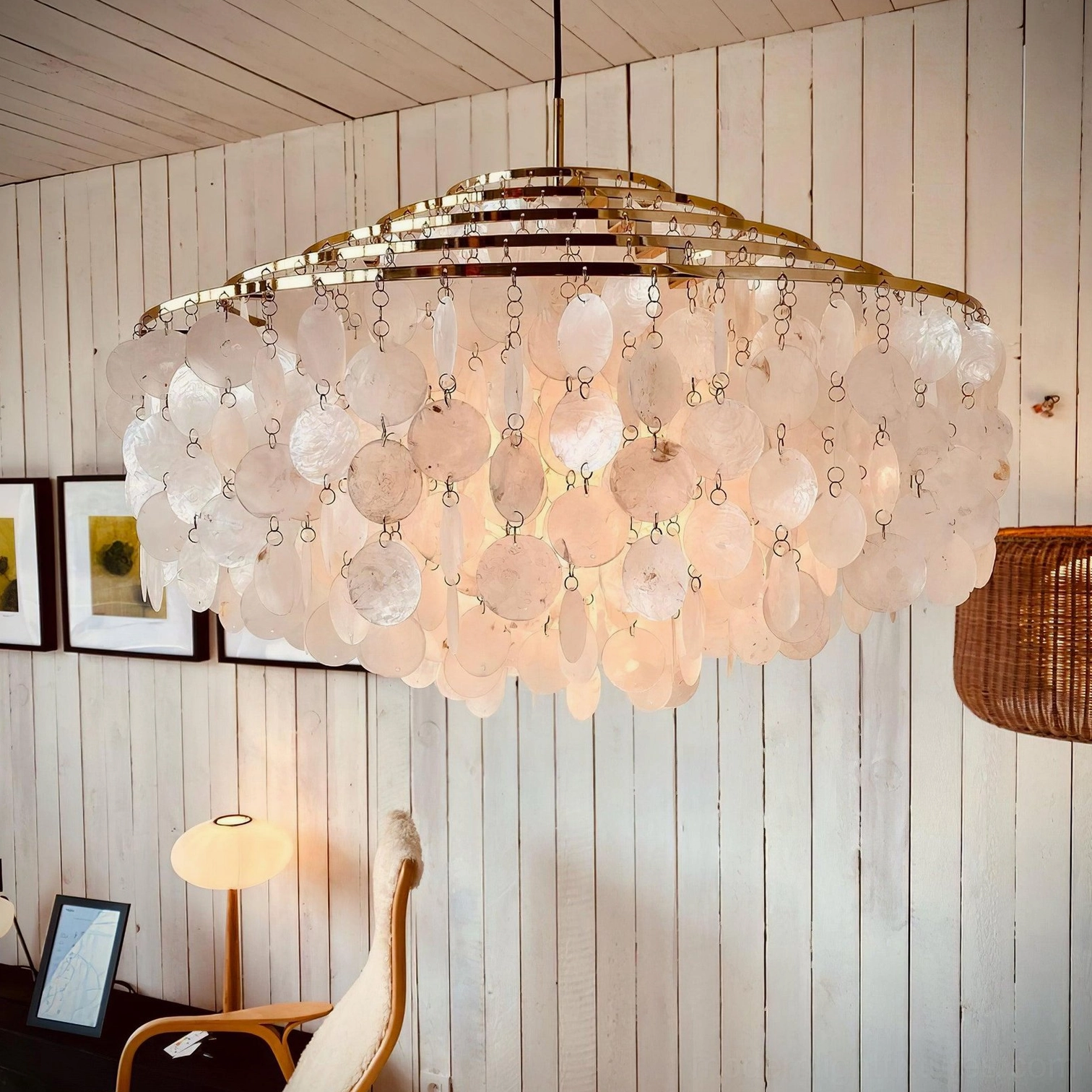 Shell chandelier chrome finish metal frame with layered white Capiz shell design