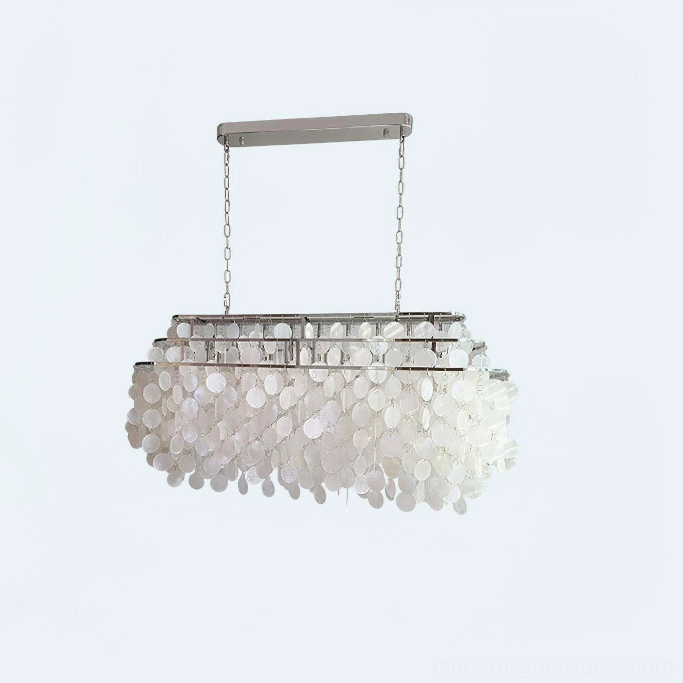 Shell chandelier chrome finish tiered pendant with white Capiz shells detail