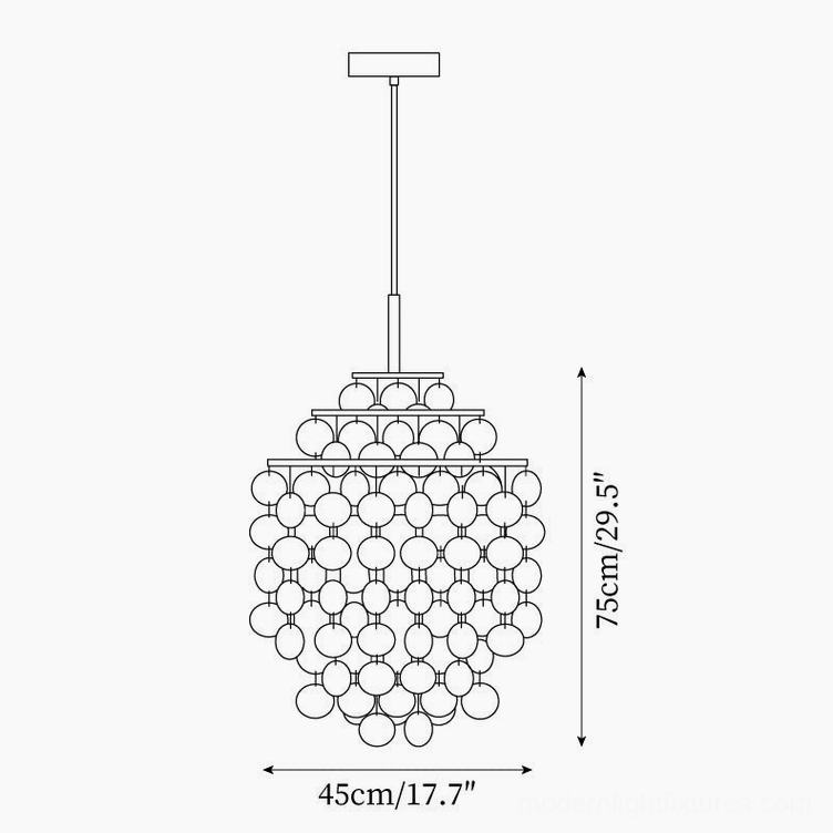 Shell chandelier technical line drawing, 45cm diameter by 75cm height dimension chart