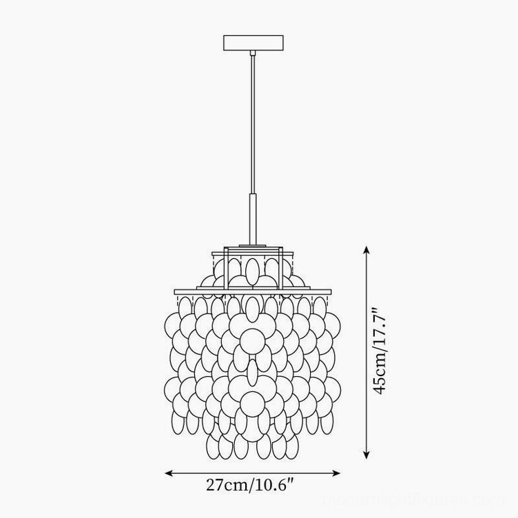 Shell chandelier technical schematic diagram, 27cm diameter by 45cm height specification
