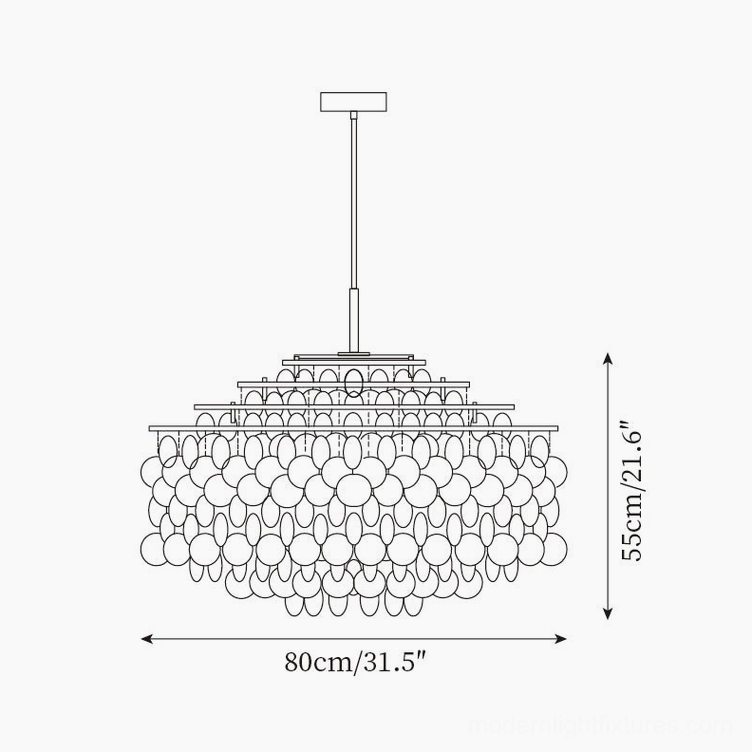 Modern shell chandelier technical drawing, 70cm diameter by 55cm height dimension schematic