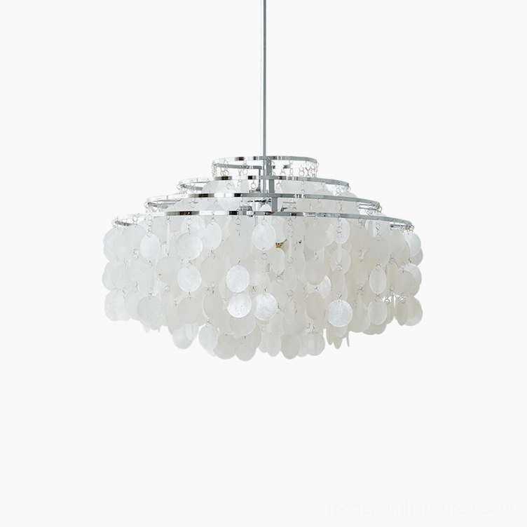 Shell pendant chandelier handcrafted detail of shell arrangement and metal joinery