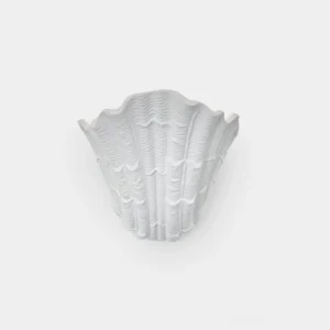 Modern shell plaster wall sconce with embossed ribbed texture, overhead studio view with matte white finish