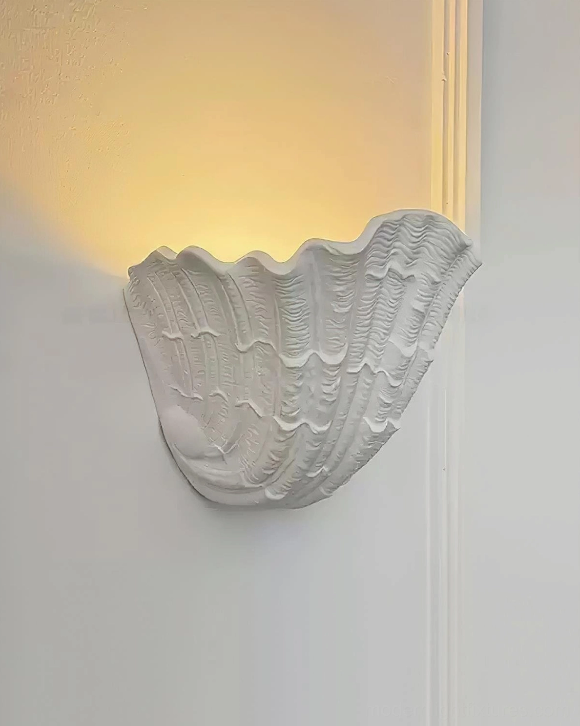 Modern shell wall sconce indoor close-up with warm backlighting highlighting sculptural shell form