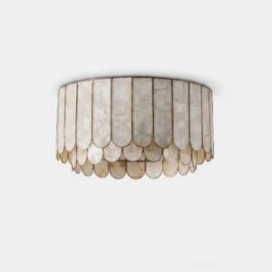 Shellora capiz shell flush mount ceiling light fixture with aged brass frame and scalloped white shell panels front view