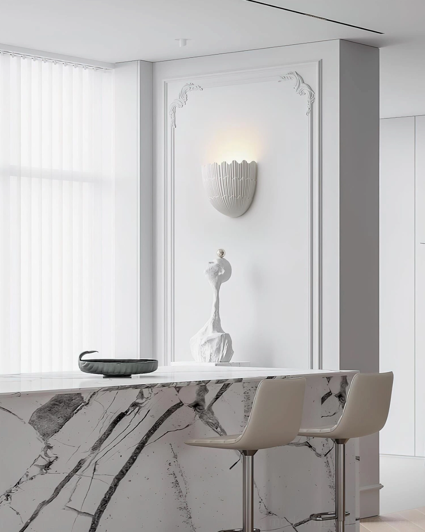 Organic shell-shaped matte white ceramic wall sconce sculptural lighting