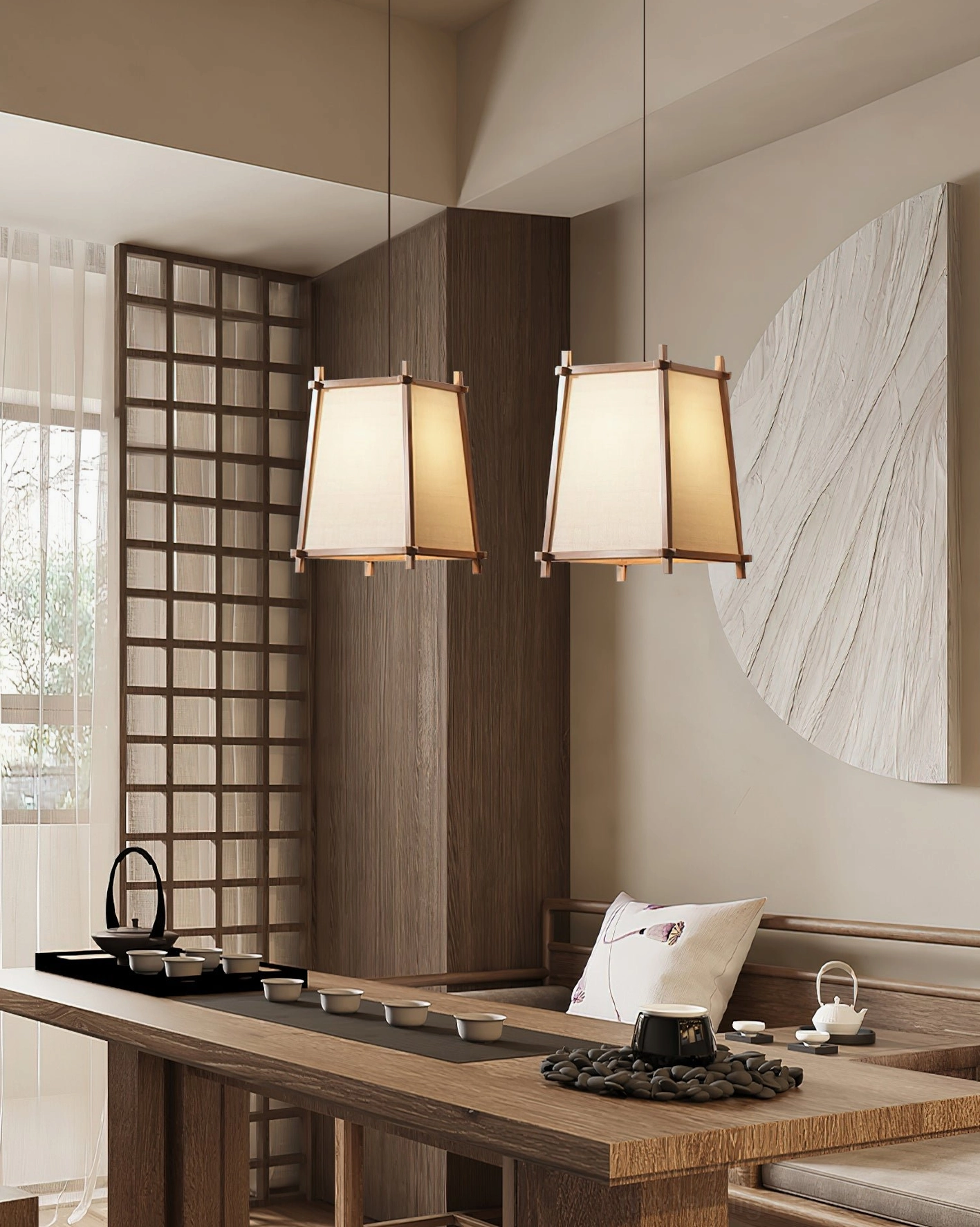Pair of Shizuka geometric wood pendant lamps in Japanese minimalist dining teahouse with warm lighting