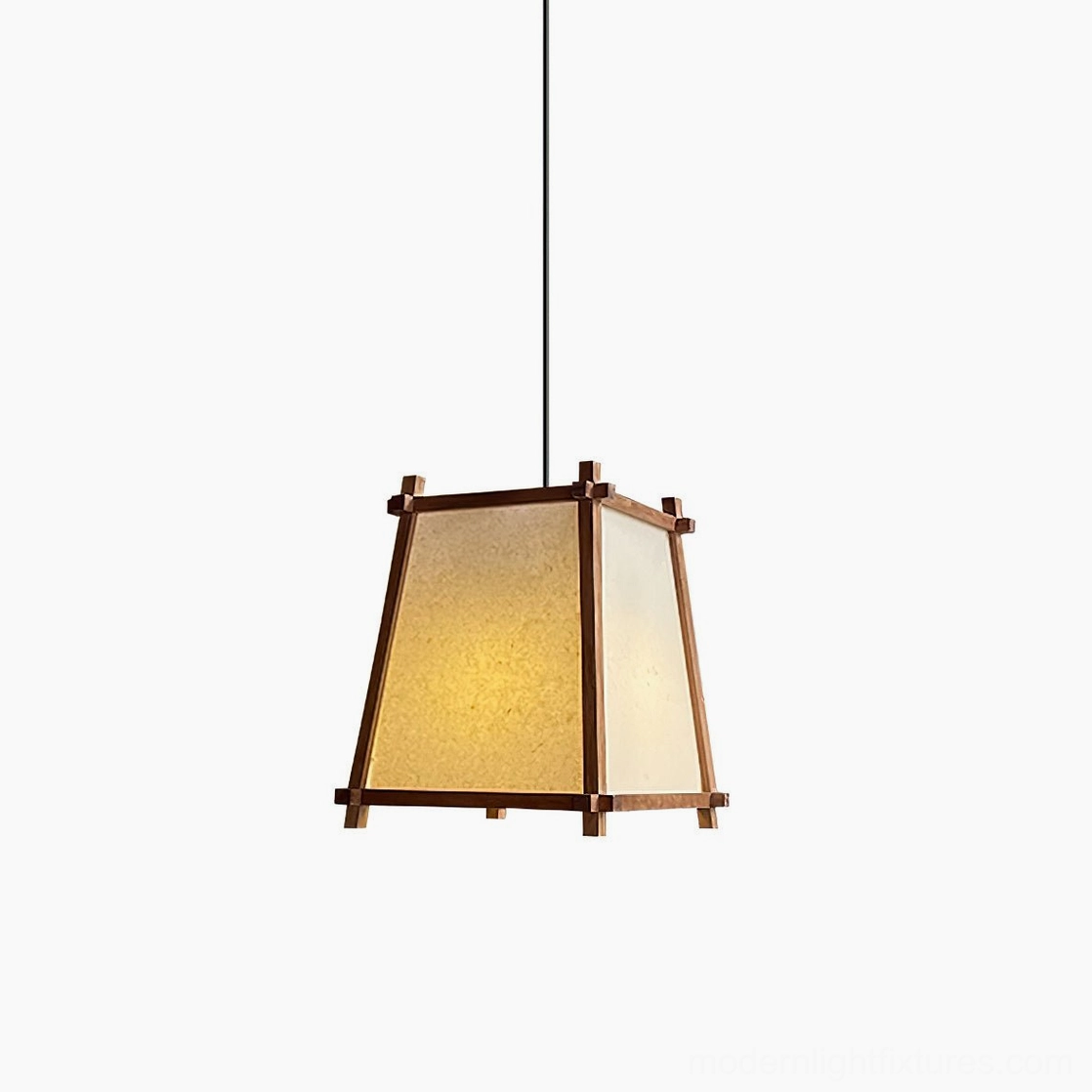 Shizuka geometric wood pendant light with trapezoidal frame and warm fabric diffuser for modern dining