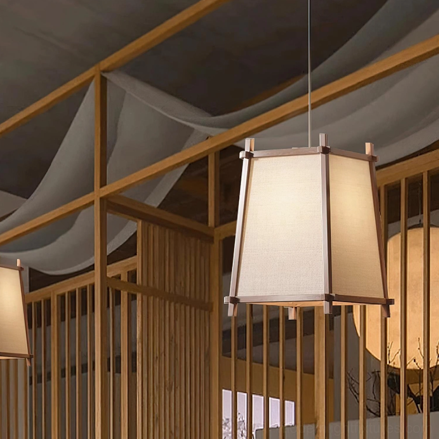 Shizuka minimalist geometric pendant lamp showing beige and wood color shade options and frame details
